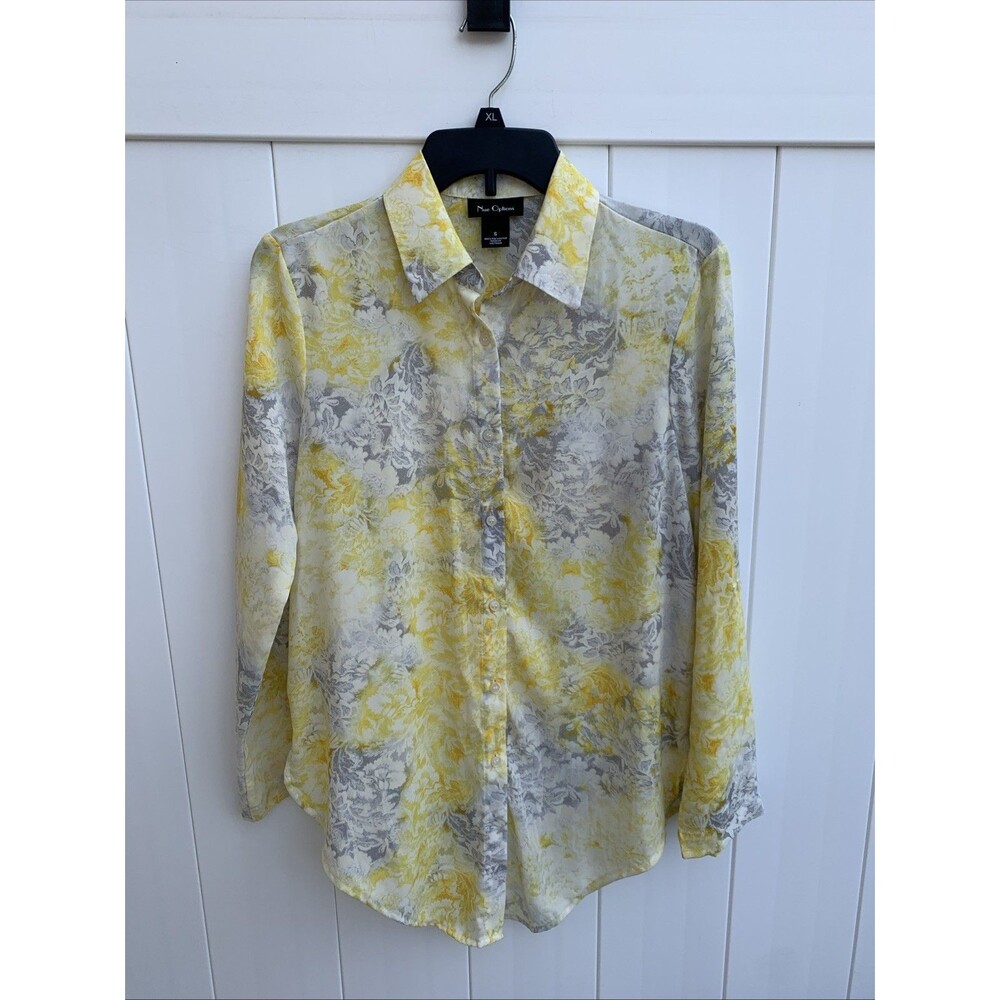 Nue Options Womens Floral Button Up Long Sleeve Blouse Yellow Career